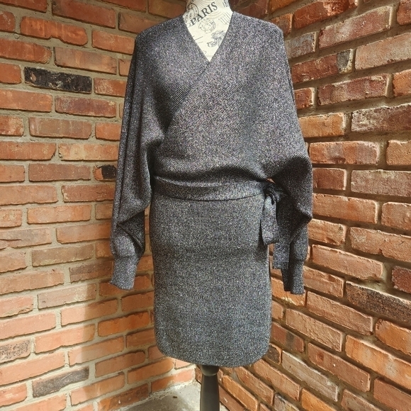 Gianni Bini Alston Metallic Tie Waist Sweater Dress Black Silver Size Large NWT - Picture 5 of 11